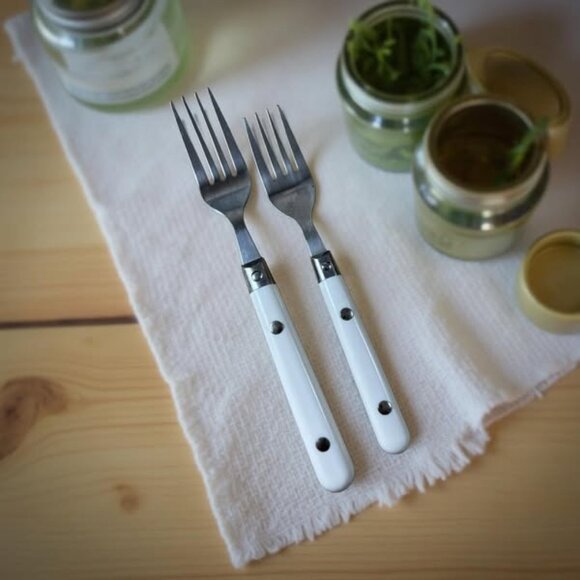 Vintage White Plastic Handle Flatware Set – 14 Pc Stainless Steel Rustic Cabin C - Picture 5 of 12